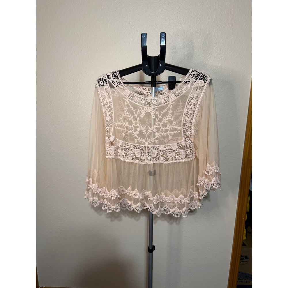 Pink Melo Womens Sheer Mesh Lace Overlay Top Blush Pink Floral Boho Size Large